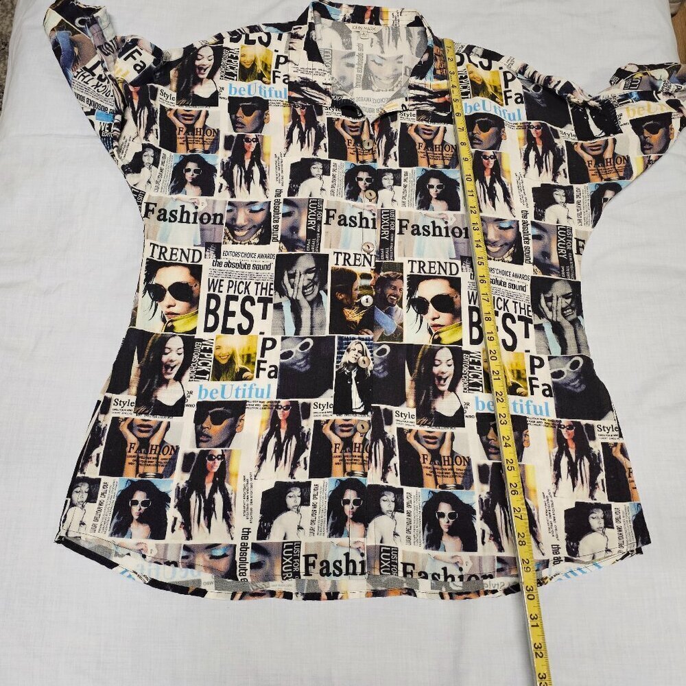 John Mark Women Graphic Button Up Collared Top Blouse Shirt Size L Deep Slits - Picture 6 of 13